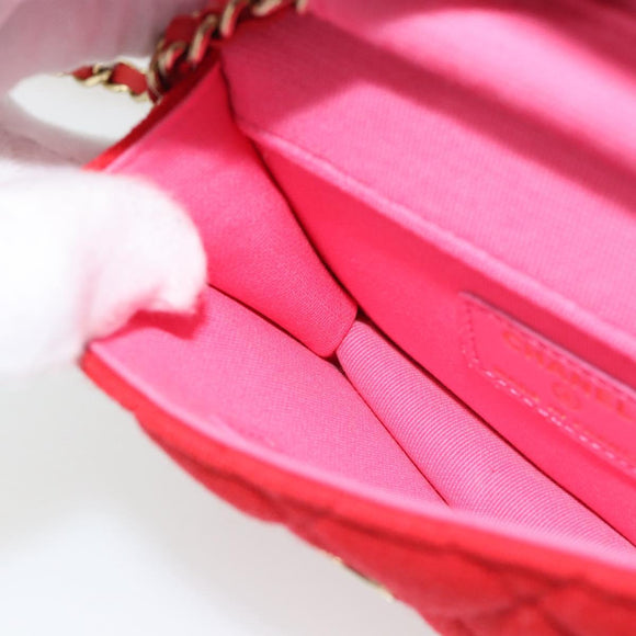 CHANEL Chain Mini Matelasse 12 Umhängetasche Baumwolle Rot Gold CC Auth 182786SM