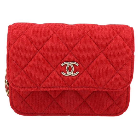CHANEL Chain Mini Matelasse 12 Umhängetasche Baumwolle Rot Gold CC Auth 182786SM