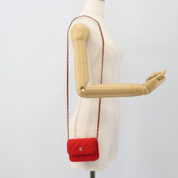 CHANEL Chain Mini Matelasse 12 Umhängetasche Baumwolle Rot Gold CC Auth 182786SM