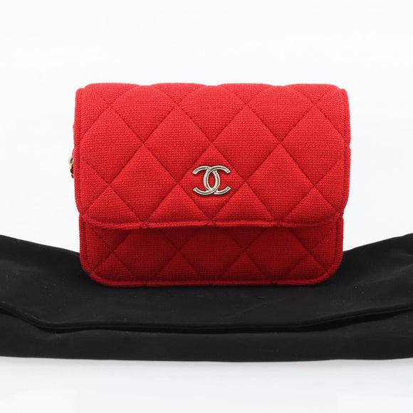 CHANEL Chain Mini Matelasse 12 Umhängetasche Baumwolle Rot Gold CC Auth 182786SM