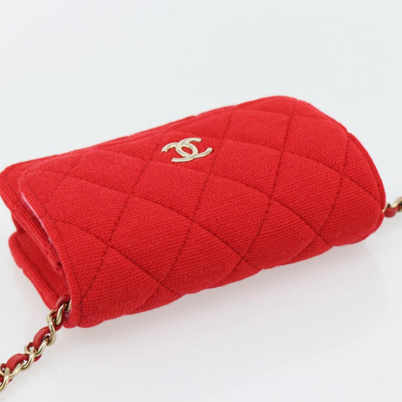 CHANEL Chain Mini Matelasse 12 Umhängetasche Baumwolle Rot Gold CC Auth 182786SM