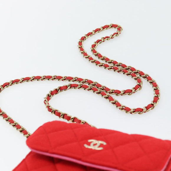 CHANEL Chain Mini Matelasse 12 Umhängetasche Baumwolle Rot Gold CC Auth 182786SM