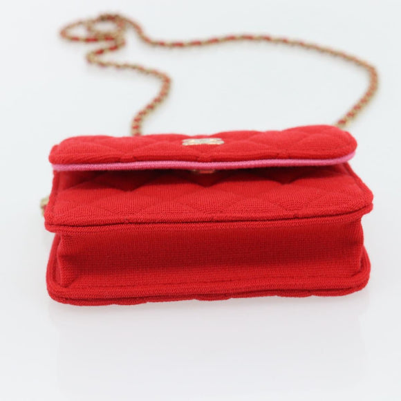CHANEL Chain Mini Matelasse 12 Umhängetasche Baumwolle Rot Gold CC Auth 182786SM