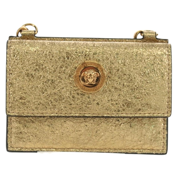 VERSACE Chain Shoulder Pouch Card Case Leather Gold Auth 182790V