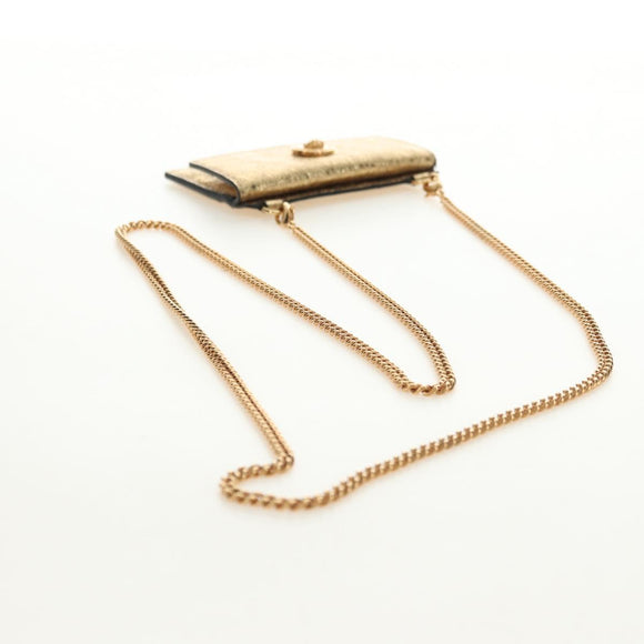VERSACE Chain Shoulder Pouch Card Case Leather Gold Auth 182790V