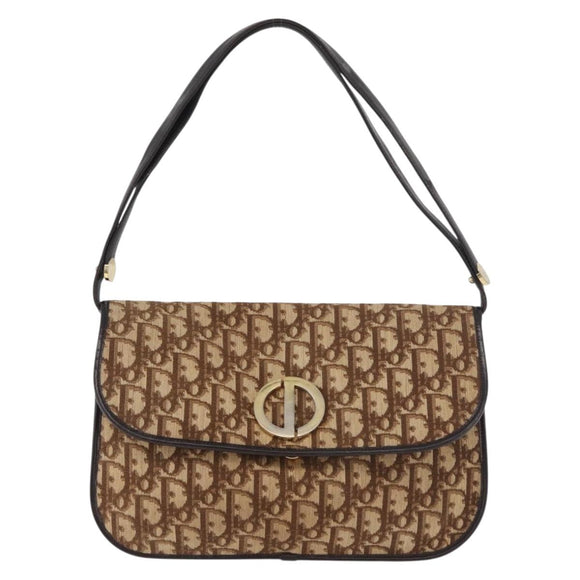 Christian Dior Trotter Canvas Shoulder Bag Beige Gold Auth 182811