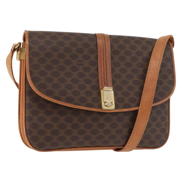 CELINE Macadam Canvas Shoulder Bag PVC Leather Brown Gold Auth 182863