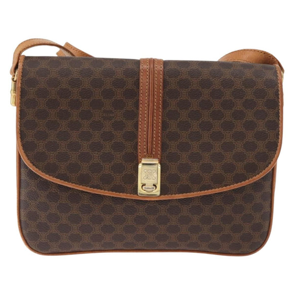 CELINE Macadam Canvas Shoulder Bag PVC Leather Brown Gold Auth 182863