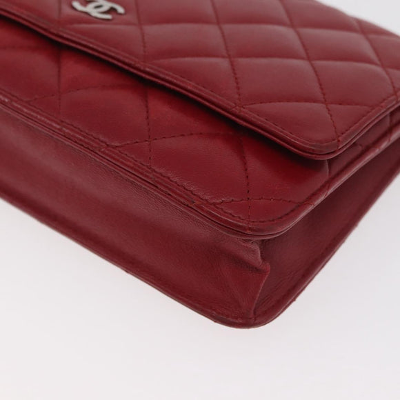 CHANEL Matelasse Chain Shoulder Bag Lamb Skin Red Silver CC Auth 182870SAV