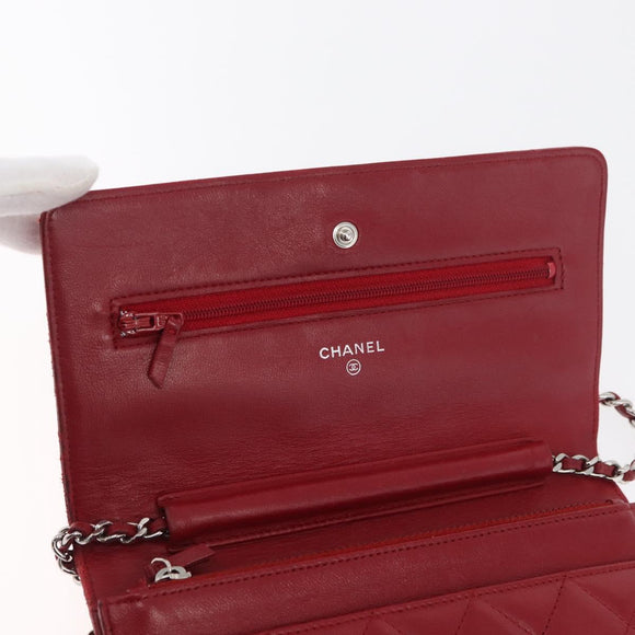 CHANEL Matelasse Chain Shoulder Bag Lamb Skin Red Silver CC Auth 182870SAV