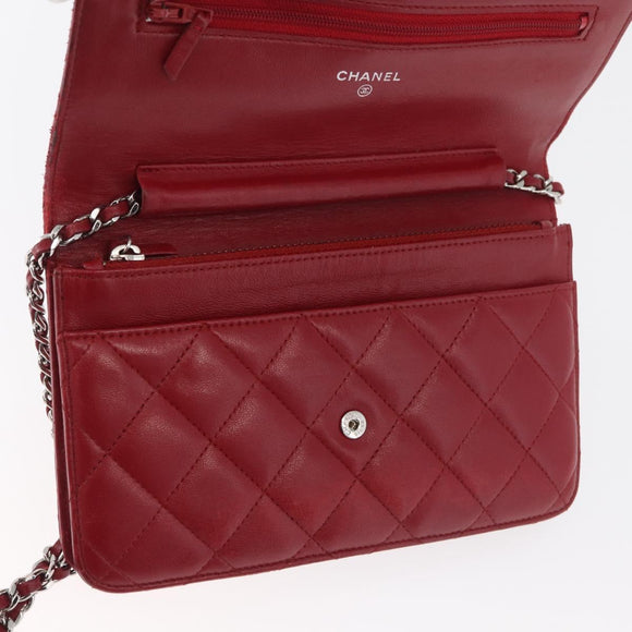 CHANEL Matelasse Chain Shoulder Bag Lamb Skin Red Silver CC Auth 182870SAV