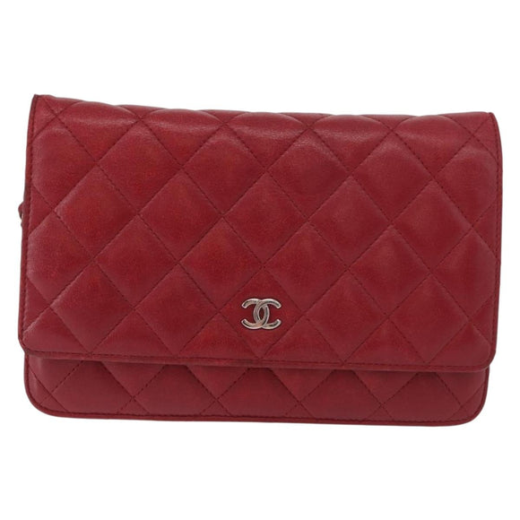 CHANEL Matelasse Chain Shoulder Bag Lamb Skin Red Silver CC Auth 182870SAV