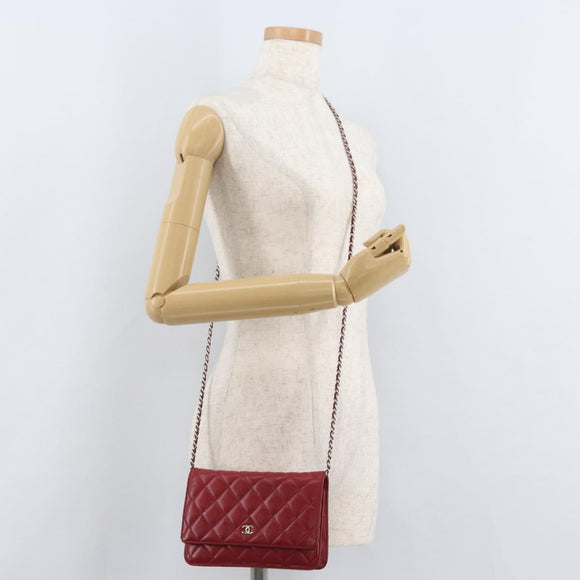 CHANEL Matelasse Chain Shoulder Bag Lamb Skin Red Silver CC Auth 182870SAV
