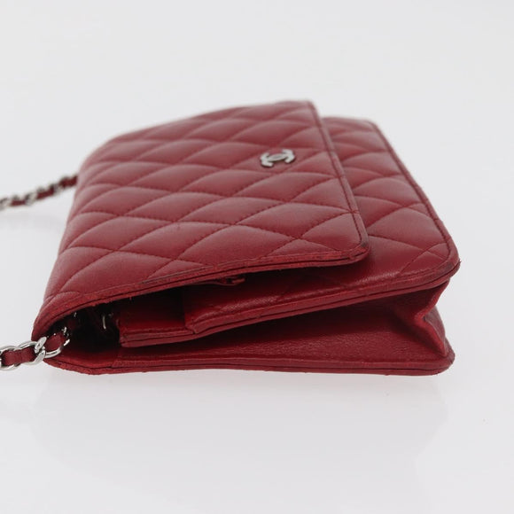 CHANEL Matelasse Chain Shoulder Bag Lamb Skin Red Silver CC Auth 182870SAV
