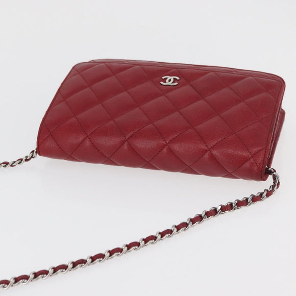 CHANEL Matelasse Chain Shoulder Bag Lamb Skin Red Silver CC Auth 182870SAV