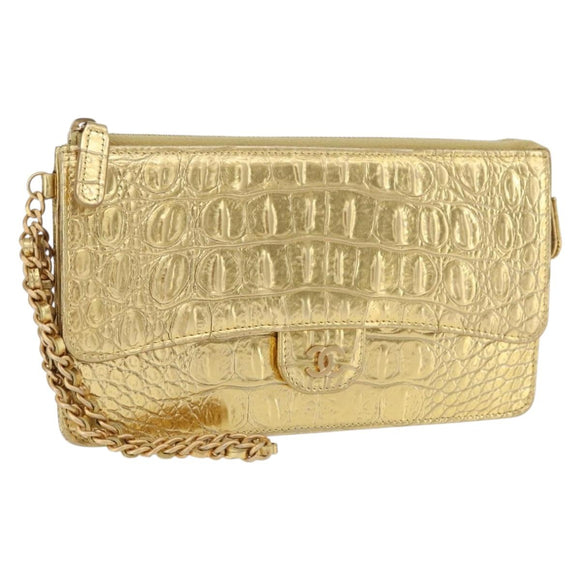 CHANEL COCO Mark Clutch Bag Calf Skin Gold CC Auth 182873SAM