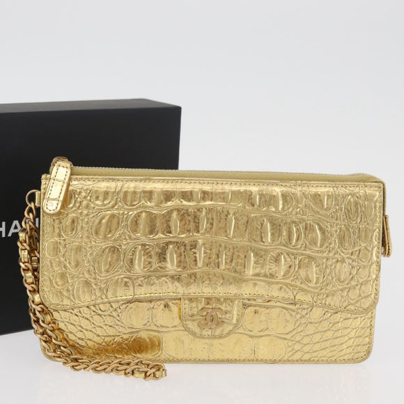 CHANEL COCO Mark Clutch Bag Calf Skin Gold CC Auth 182873SAM
