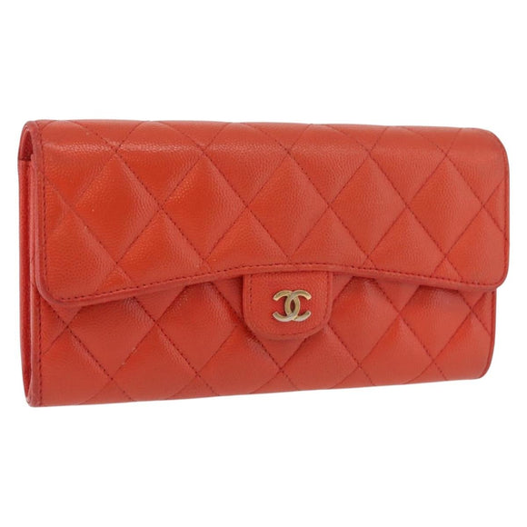 CHANEL Matelasse Long Wallet Caviar Skin Orange Gold CC Auth 182877A