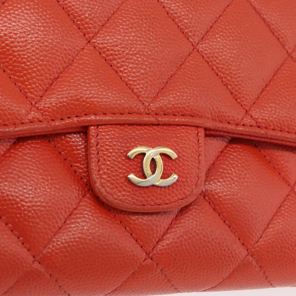 CHANEL Matelasse Long Wallet Caviar Skin Orange Gold CC Auth 182877A