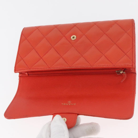 CHANEL Matelasse Long Wallet Caviar Skin Orange Gold CC Auth 182877A