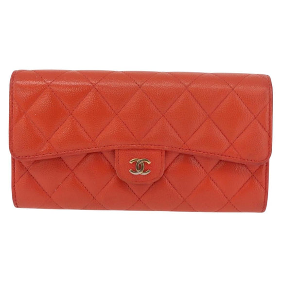 CHANEL Matelasse Long Wallet Caviar Skin Orange Gold CC Auth 182877A