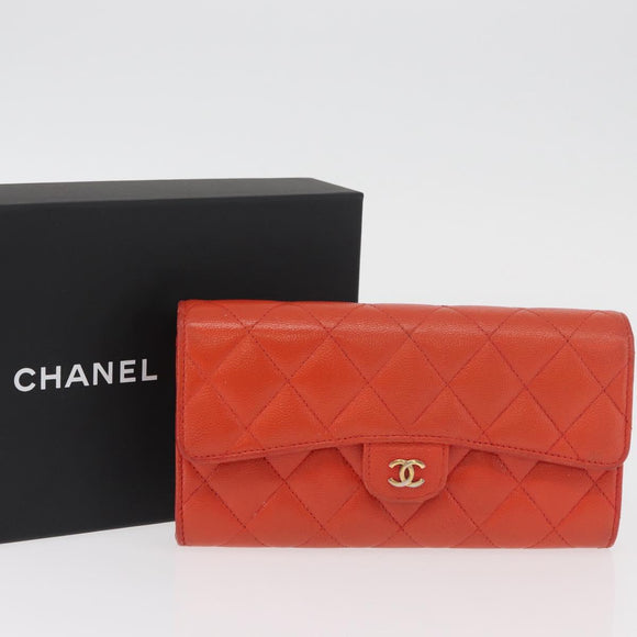 CHANEL Matelasse Long Wallet Caviar Skin Orange Gold CC Auth 182877A