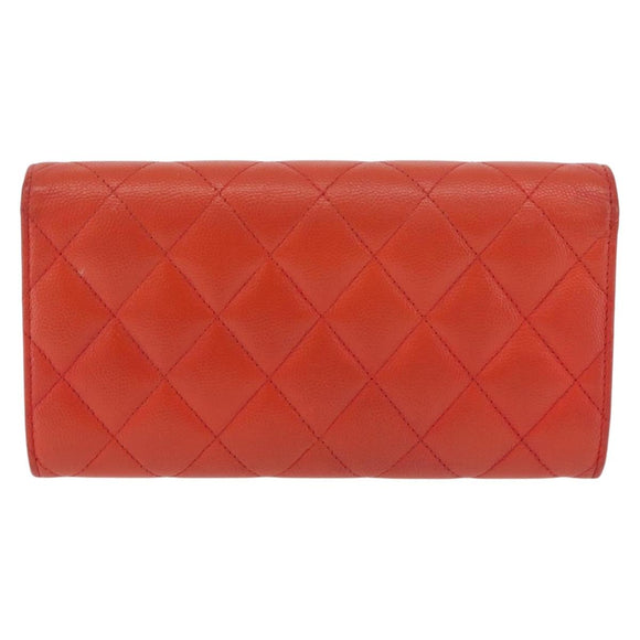 CHANEL Matelasse Long Wallet Caviar Skin Orange Gold CC Auth 182877A