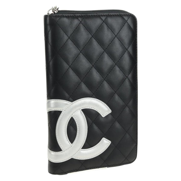CHANEL Matelassé Cambon Line Geldbörse Leder Schwarz Silber CC Auth 182878M
