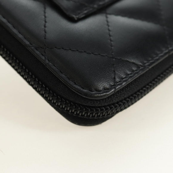 CHANEL Matelassé Cambon Line Geldbörse Leder Schwarz Silber CC Auth 182878M
