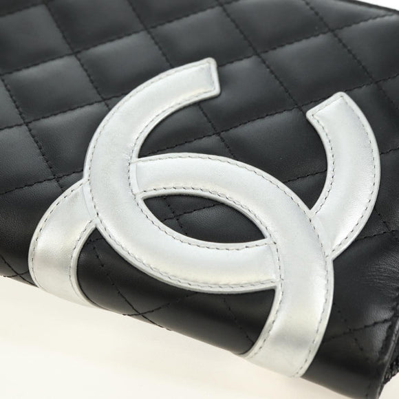 CHANEL Matelassé Cambon Line Geldbörse Leder Schwarz Silber CC Auth 182878M