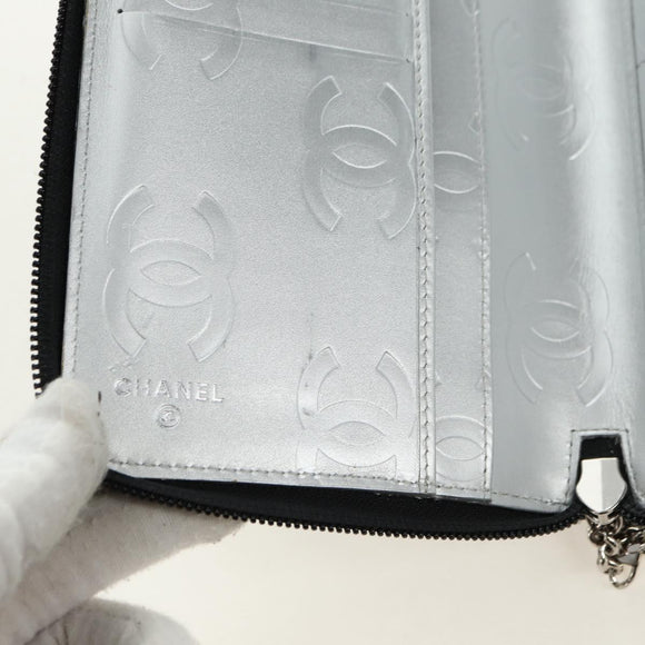 CHANEL Matelassé Cambon Line Geldbörse Leder Schwarz Silber CC Auth 182878M