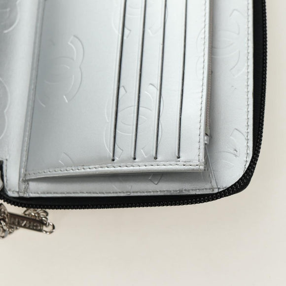 CHANEL Matelassé Cambon Line Geldbörse Leder Schwarz Silber CC Auth 182878M