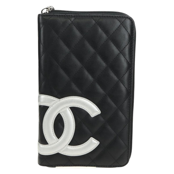 CHANEL Matelassé Cambon Line Geldbörse Leder Schwarz Silber CC Auth 182878M