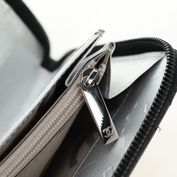 CHANEL Matelassé Cambon Line Geldbörse Leder Schwarz Silber CC Auth 182878M