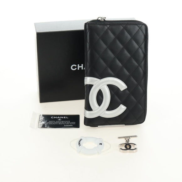 CHANEL Matelassé Cambon Line Geldbörse Leder Schwarz Silber CC Auth 182878M
