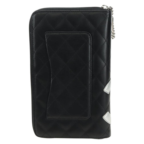 CHANEL Matelassé Cambon Line Geldbörse Leder Schwarz Silber CC Auth 182878M