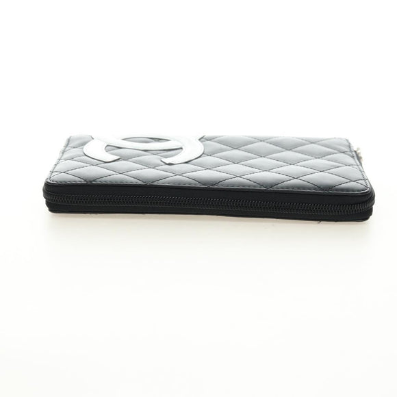 CHANEL Matelassé Cambon Line Geldbörse Leder Schwarz Silber CC Auth 182878M