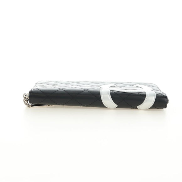 CHANEL Matelassé Cambon Line Geldbörse Leder Schwarz Silber CC Auth 182878M