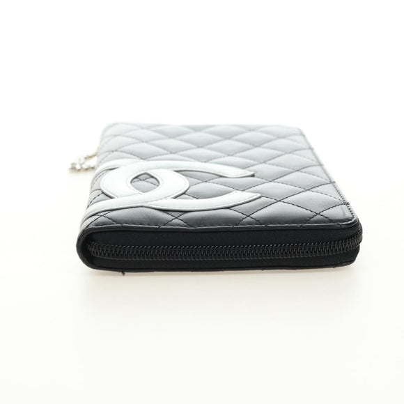 CHANEL Matelassé Cambon Line Geldbörse Leder Schwarz Silber CC Auth 182878M
