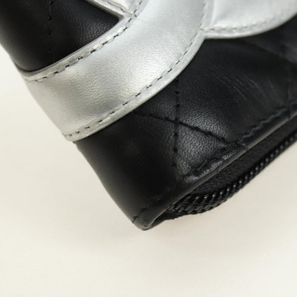 CHANEL Matelassé Cambon Line Geldbörse Leder Schwarz Silber CC Auth 182878M