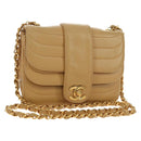 CHANEL Chain Shoulder Bag Lamb Skin Beige Gold CC Auth 182904SAV-1
