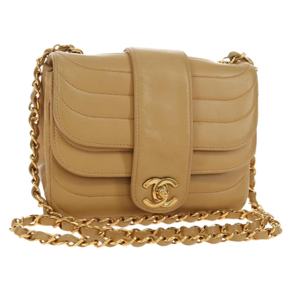 CHANEL Chain Shoulder Bag Lamb Skin Beige Gold CC Auth 182904SAV