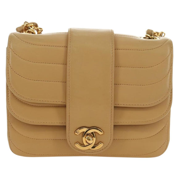 CHANEL Chain Shoulder Bag Lamb Skin Beige Gold CC Auth 182904SAV