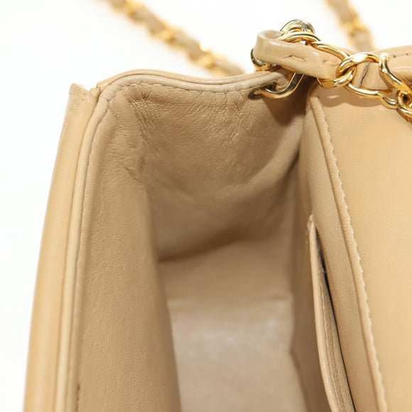 CHANEL Chain Shoulder Bag Lamb Skin Beige Gold CC Auth 182904SAV