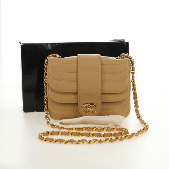 CHANEL Chain Shoulder Bag Lamb Skin Beige Gold CC Auth 182904SAV