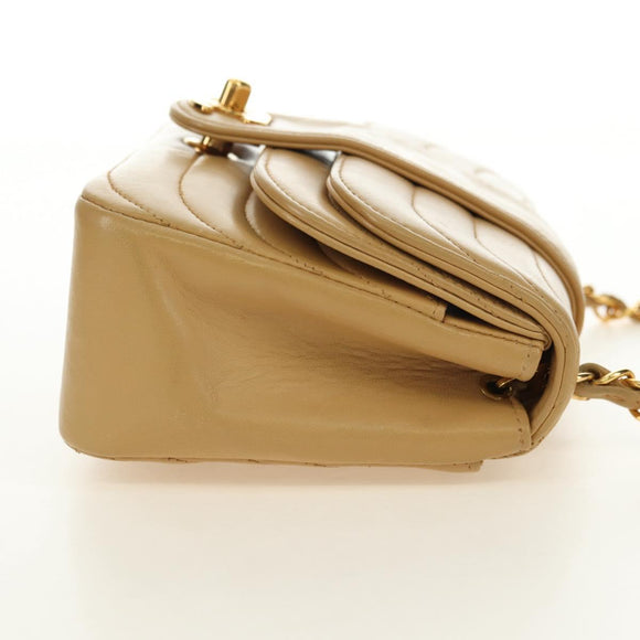 CHANEL Chain Shoulder Bag Lamb Skin Beige Gold CC Auth 182904SAV