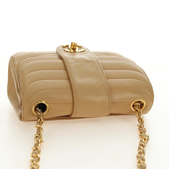 CHANEL Chain Shoulder Bag Lamb Skin Beige Gold CC Auth 182904SAV