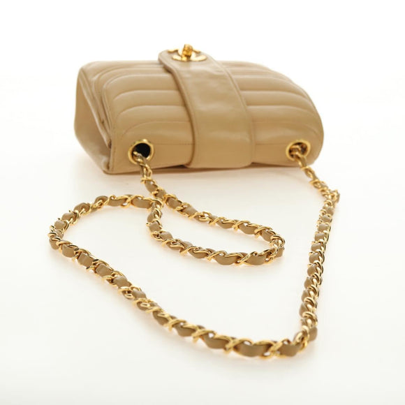 CHANEL Chain Shoulder Bag Lamb Skin Beige Gold CC Auth 182904SAV