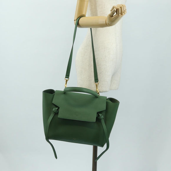 CELINE Mini Belt Hand Bag Leather 2way Green Gold Auth 182924M