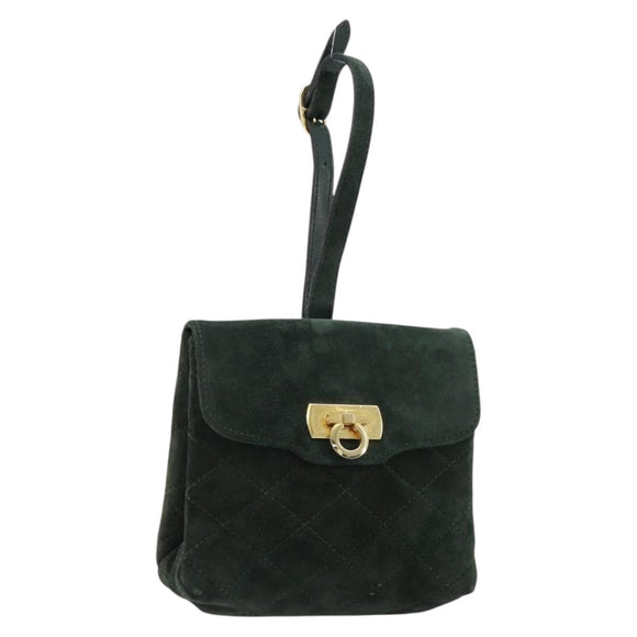 Salvatore Ferragamo Gancini Hand Bag Suede Green Gold Auth 182928
